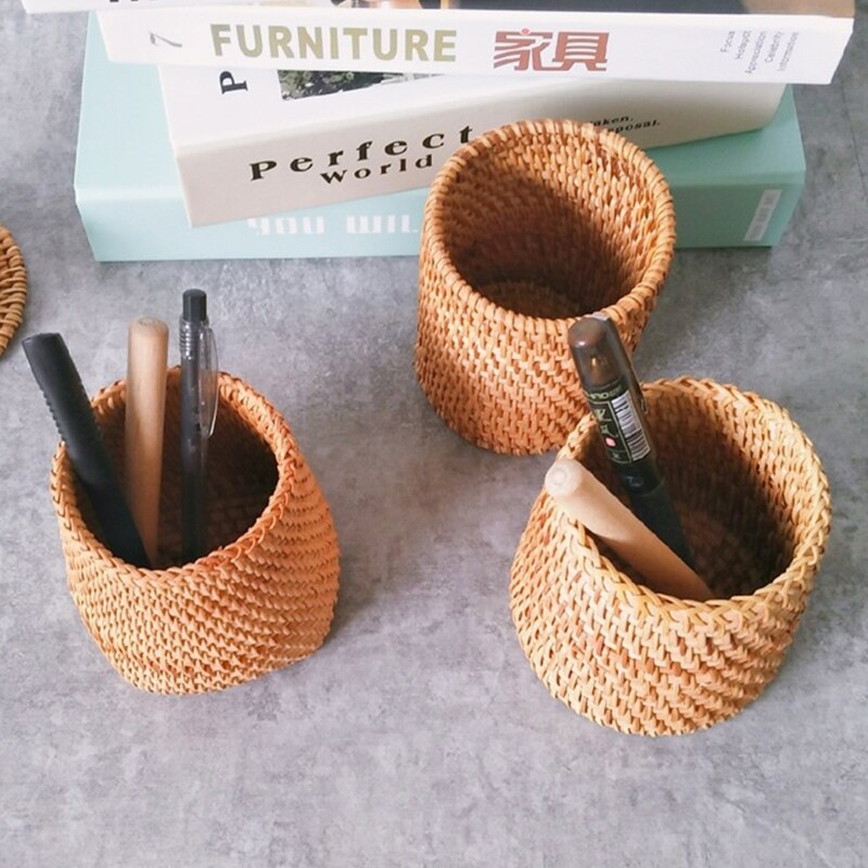Portalápices de ratán Natural hecho a mano, Cubo de almacenamiento tejido, decoración de escritorio para el hogar y la Oficina, cilindro tejido a mano para el hogar
