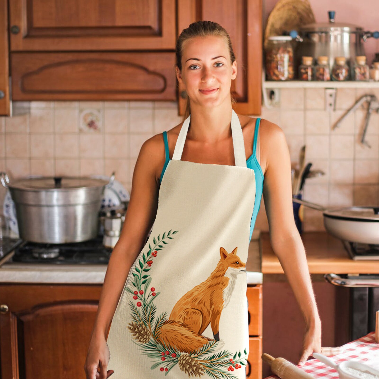 1Pcs Kitchen Cooking Apron Kitchen Lovely Cartoons Printed Home Sleeveless Cotton Linen Aprons for Men Women Baking Accessories: F