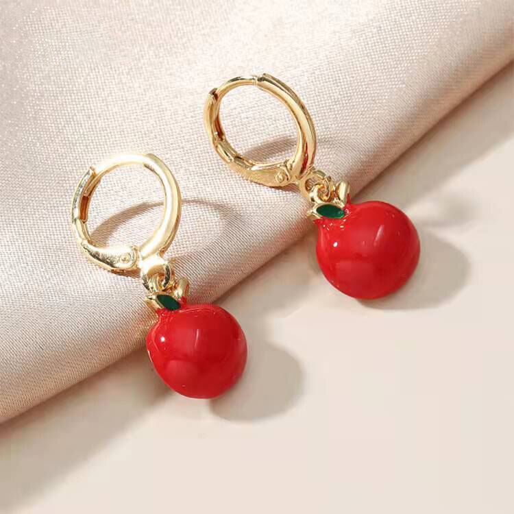 Pendientes de esmalte rojo y verde brillante para mujer, aretes colgantes con forma de manzana, Piercing, de , boda