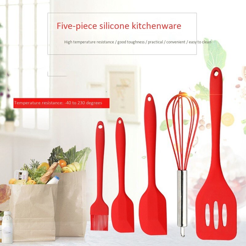 5 PCS Silicone Cooking Utensils Set Non-Stick Spatula Shovel Wooden Handle Cooking Tools Set Kitchen Tools