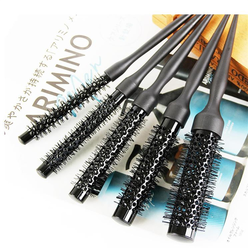 Peine para el cabello de barril redondo negro, cepillo para el cabello, peine de nailon, cilindro, peine para pelo rizado, herramienta de salón de tubo de aluminio, 1 ud.