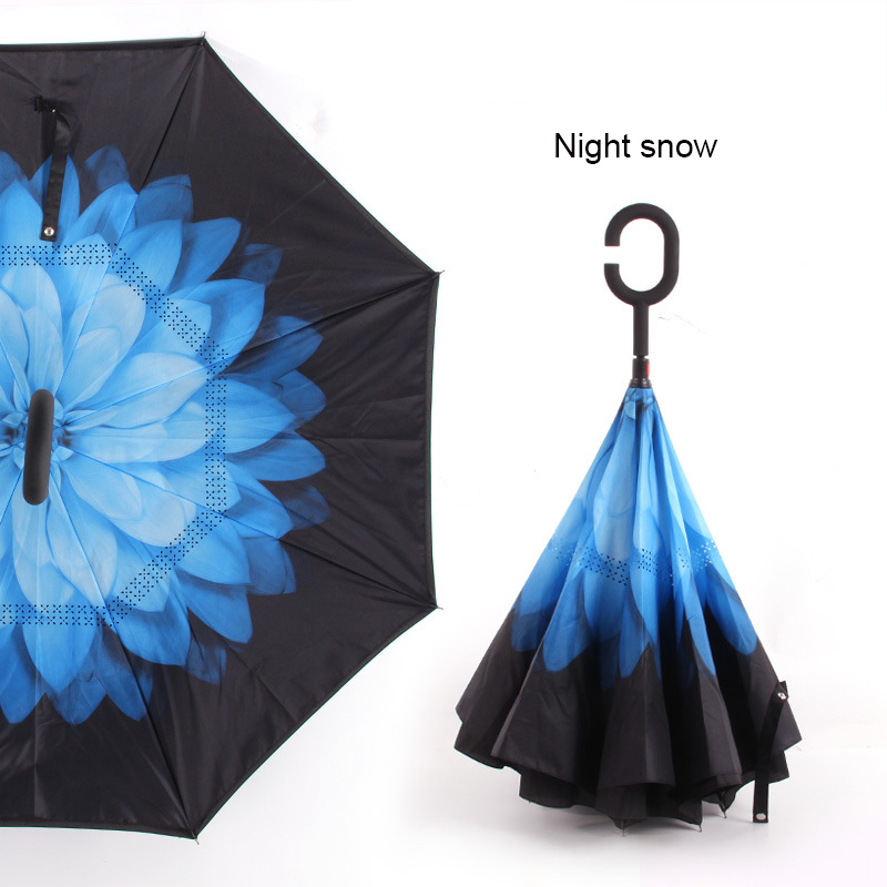 Paraguas plegable inverso resistente al viento, paraguas para hombre y mujer para lluvia y sol, paraguas con mango en C invertido, soporte autónomo para Anti UV de doble capa: night snow