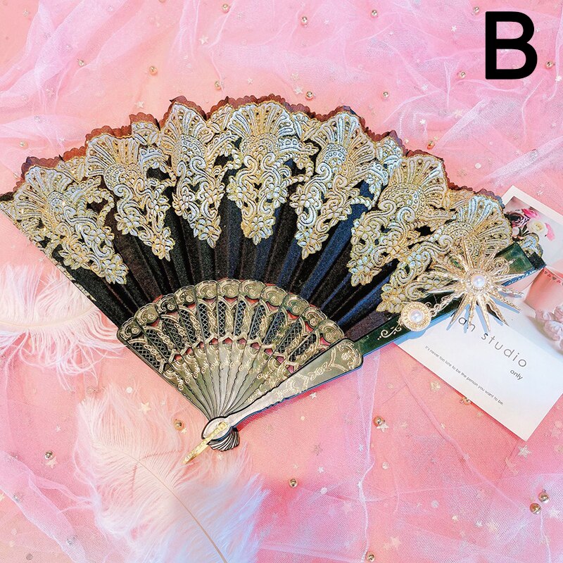 Lolita – éventail pliable en dentelle Rose, Style rétro européen, Style gothique foncé, pour danse de cour, , décoration de fête de mariage: B