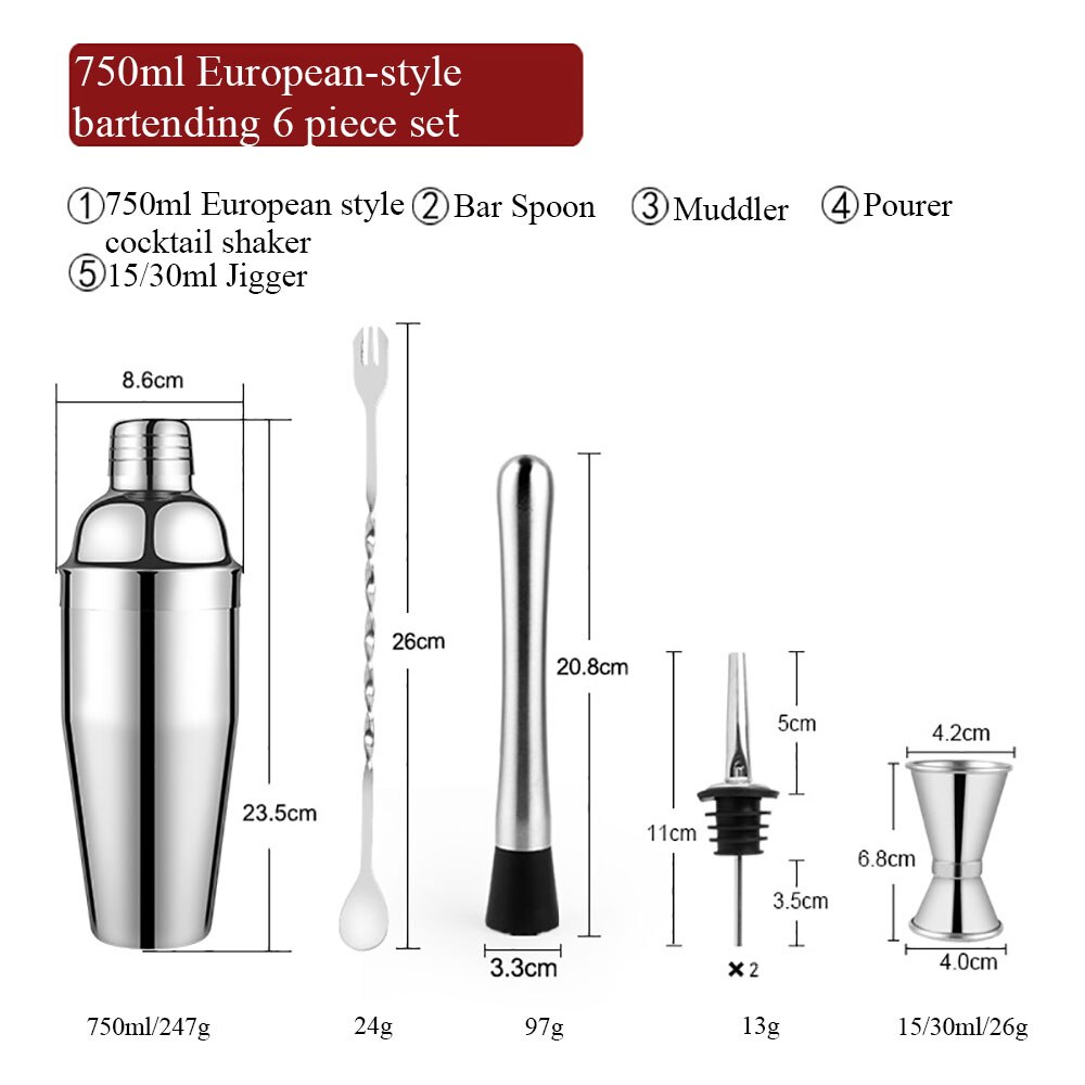 Stainless Steel Cocktail Shaker Bar Set Mixer Cocktail Shaker Wine Martini Boston Shaker Drinkware for Party Bar Tools 550/750ML: 6Pcs 750ML