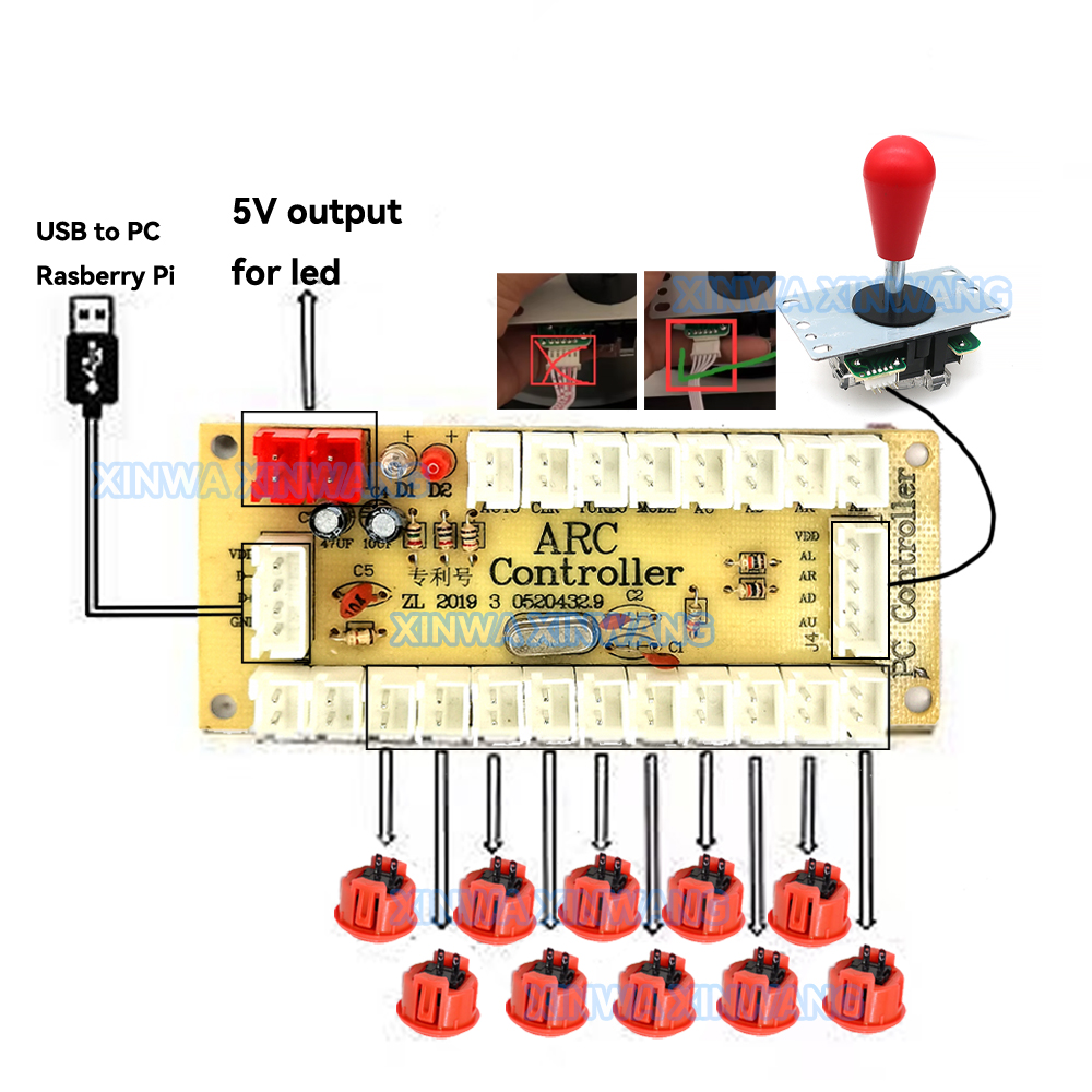 Copie SANWA Machine de jeu Console d'arcade Kit de bricolage boutons poussoirs de Joystick 8 voies pour PC Raspberry Pi contrôleur de carte USB à retard zéro