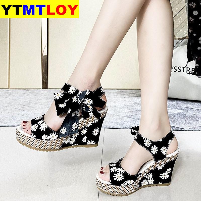 Chaussures d'été pour femmes, plate-forme à nœud papillon Floral, talons hauts, sangle de cheville bohème, chaussures à bout ouvert