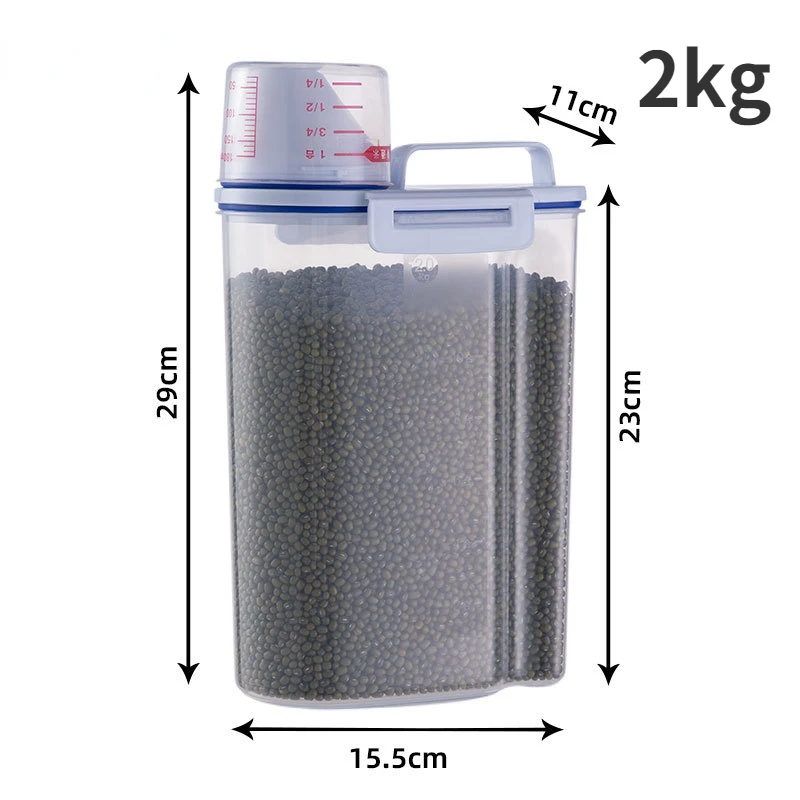 Cubo de comida para perros y gatos, tanque de almacenamiento de plástico con taza medidora, contenedor sellado a prueba de humedad, accesorios para suministros para mascotas, 1,5 kg/2kg: Verde