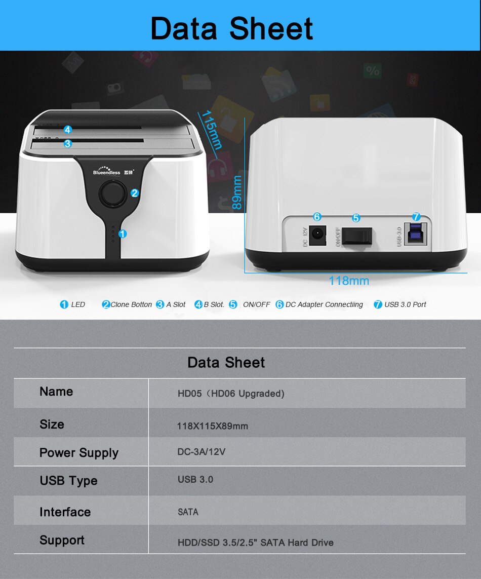 USB 3.0 a SATA 2.5/3.5 Caso Box E ALLOGGIAMENTI PER HDD Box Hard Disk HDD Ad Alta Velocità 2 Bay External Hard Drive per il Computer Portatile