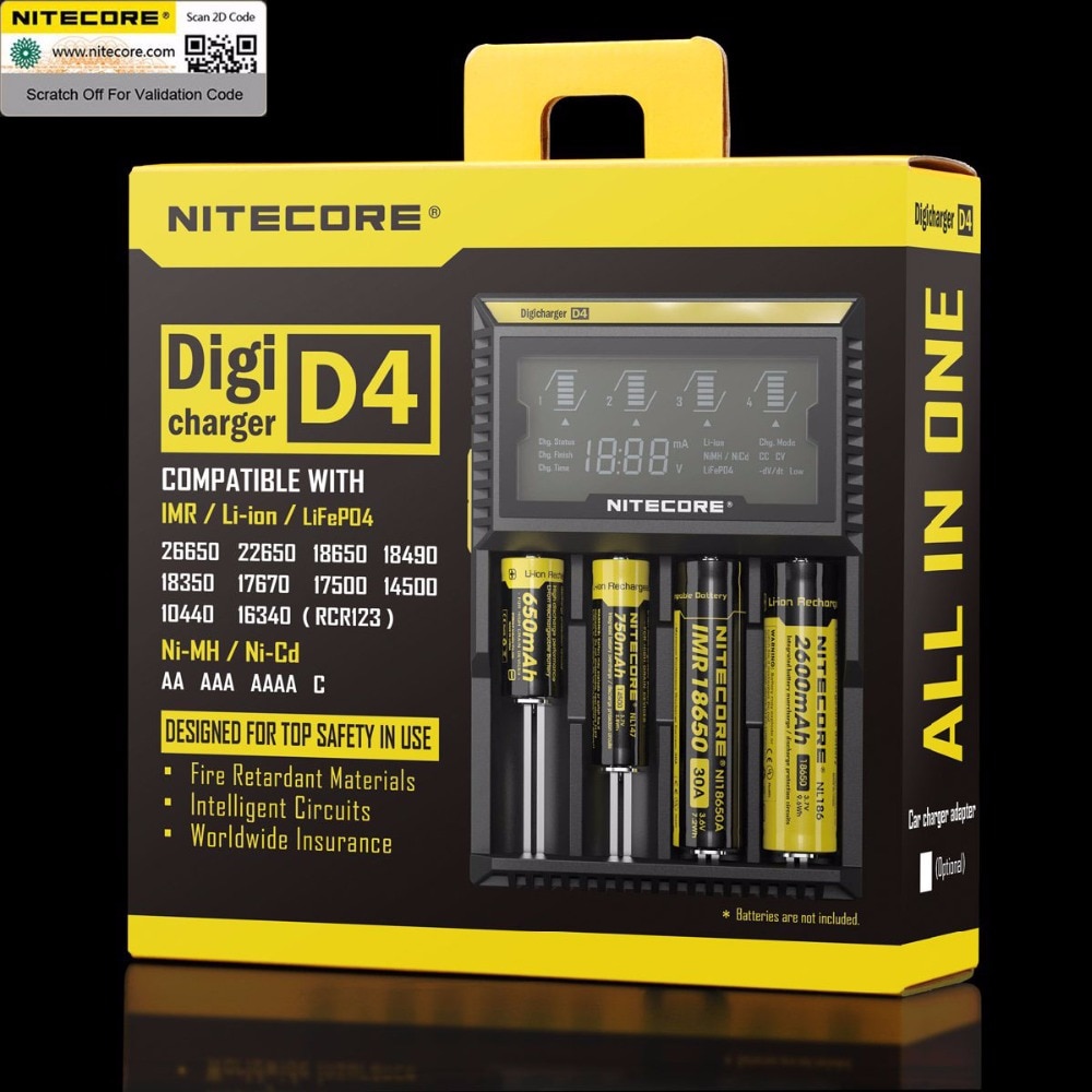 100% Original Nitecore D4 Battery Charger LCD Intelligent Charger Li-ion 18650 14500 16340 26650 AAA AA 12V