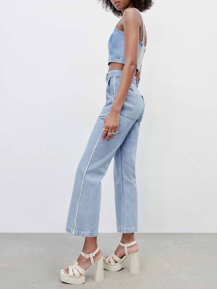 Voorjaar Vrouwen Mode Retro Alle-Wedstrijd Hoge Taille Dunne Losse Ongedwongen Pocket Wijde Pijpen Contrast Stiksels jeans