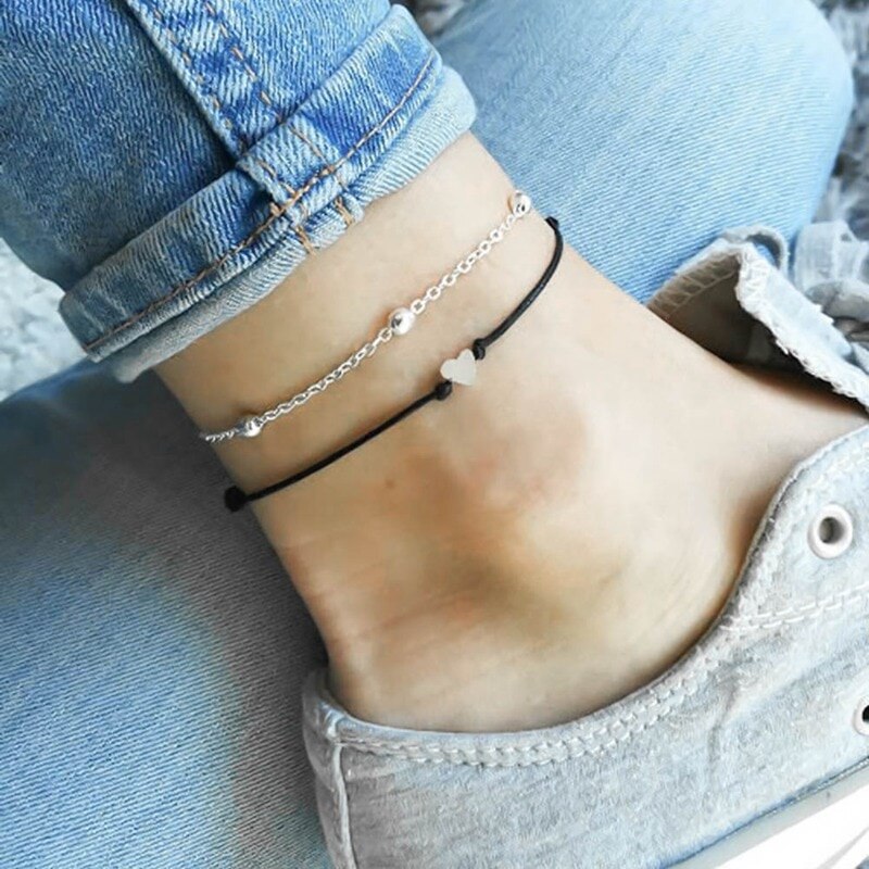 Dubbele Ankle Chain Hart Hanger Zwart Lederen Touw Enkelband Mode Voet Sieraden Armband Op De Been Enkelbanden Voor Vrouwen