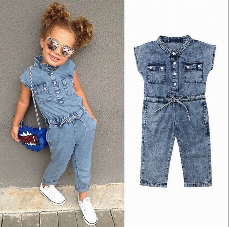 Baby Meisje Denim Overall Jeans Kinderen Broek Boog Mouwloze Mode Jumpsuit Baby Kleding 2-6Y E25673