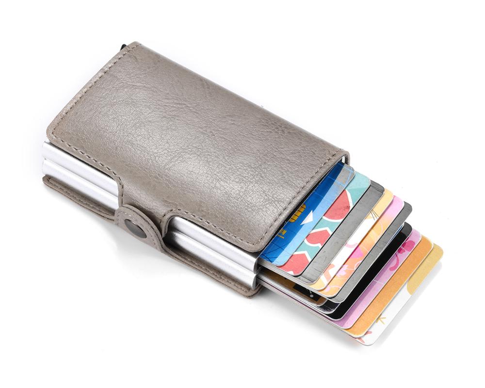 RFID Men's Leather ID Credit Card Holder Male Automatic Aluminum Alloy Hasp Business Double Layer Cardholder Wallet for Man: Gray