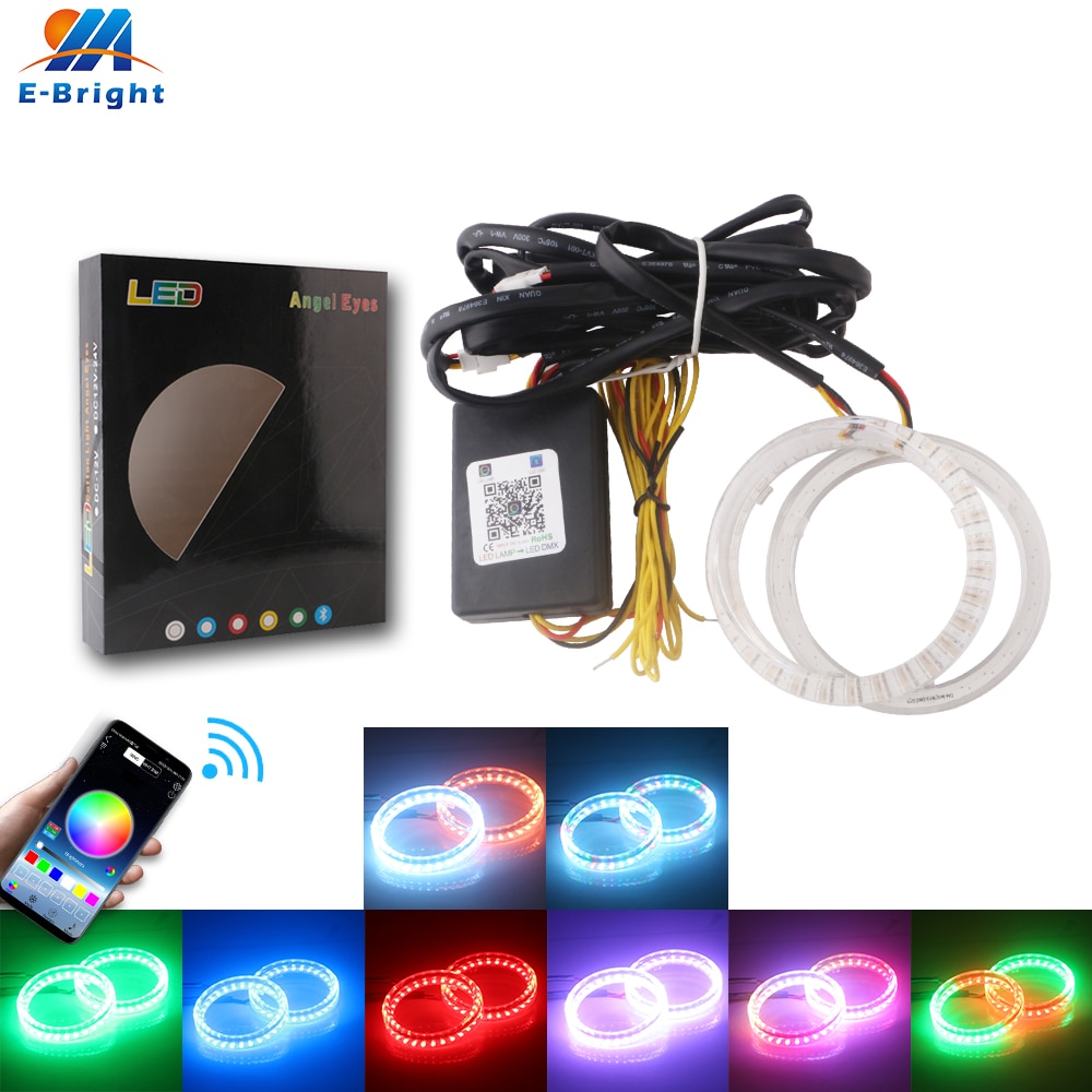 2 luces LED RGB de 80mm, 95mm, 5050, luces LED de colores con Ojos de Ángel, Control por aplicación Bluetooth, anillo Halo, intermitente automático para coche, faro delantero