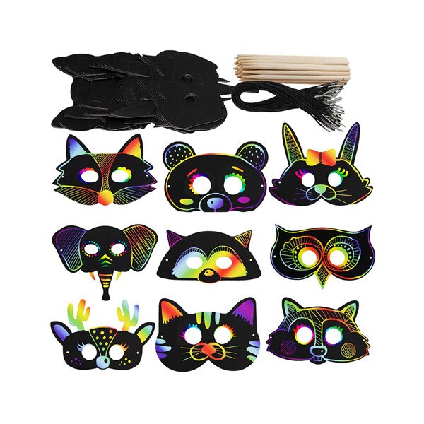 27 Set Magic Jungle Forest Animal Scratch Art Rainbow Scratch Paper Animal Masks Cutouts Face Masks Scratching Toys: 36pcs