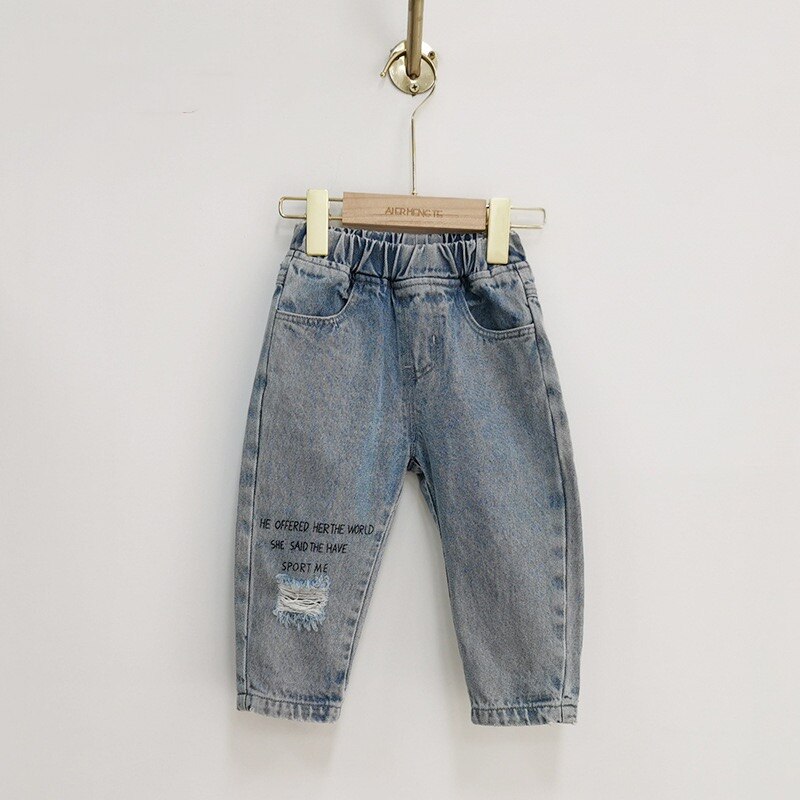 Children's Korean-style ripped jeans letter printed trousers spring and autumn boy pants street trend denim trousers