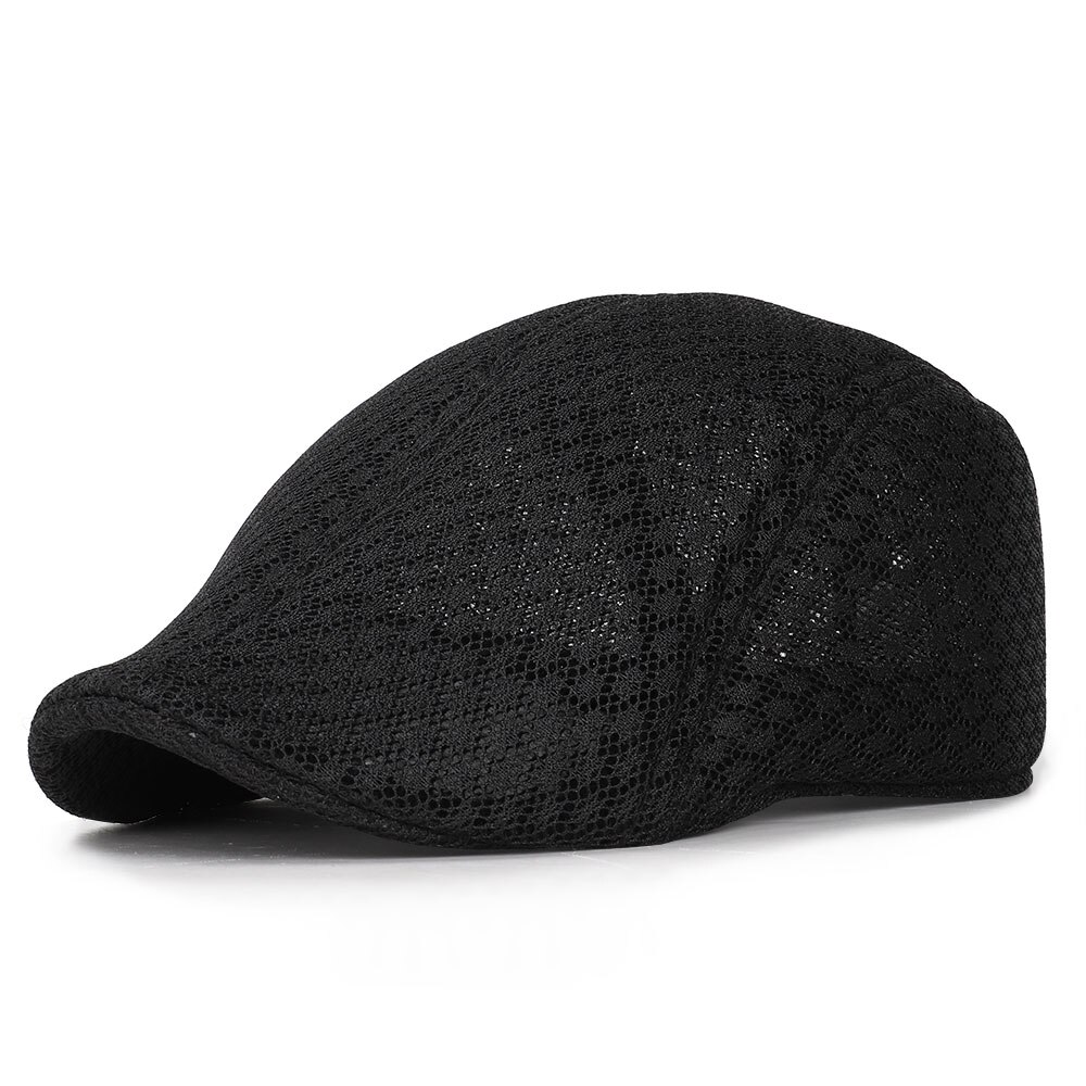 Unisex beret casual hat flat top breathable mesh hat summer solid color black white hat peaked cap sun hat: Black