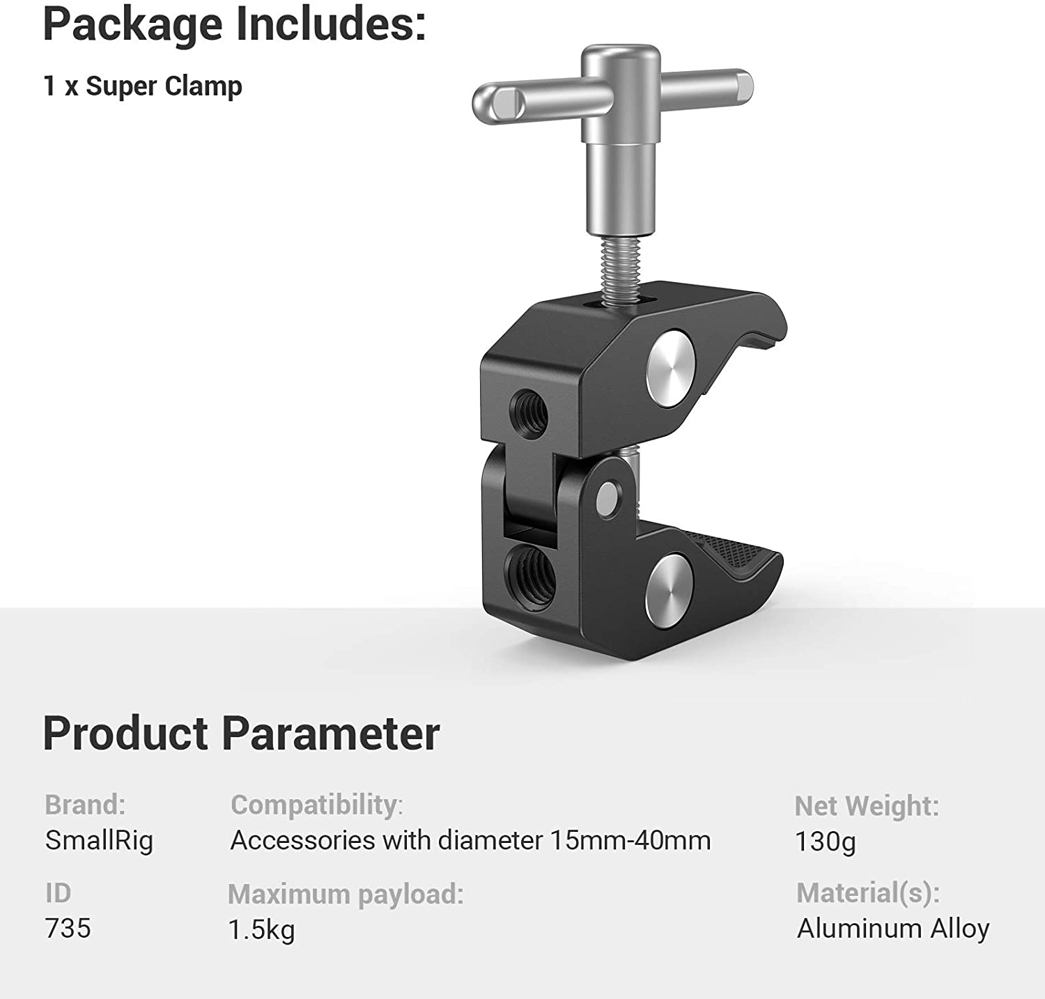 Smallrig super clamp with / 1/4 threads for cameras/lights/umbrellas/hooks/shelves/plates 3/8 glass/cross bars (735)