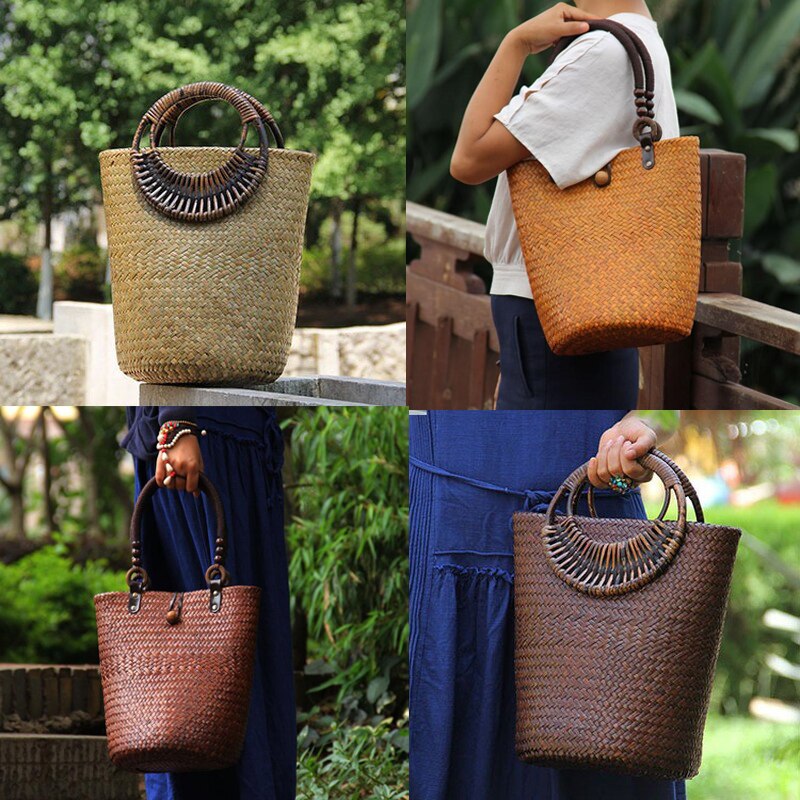 22 Stijl Strozak Rotan Houten Handvat Retro Geweven Zak Emmer Zak Grote Strand Tas