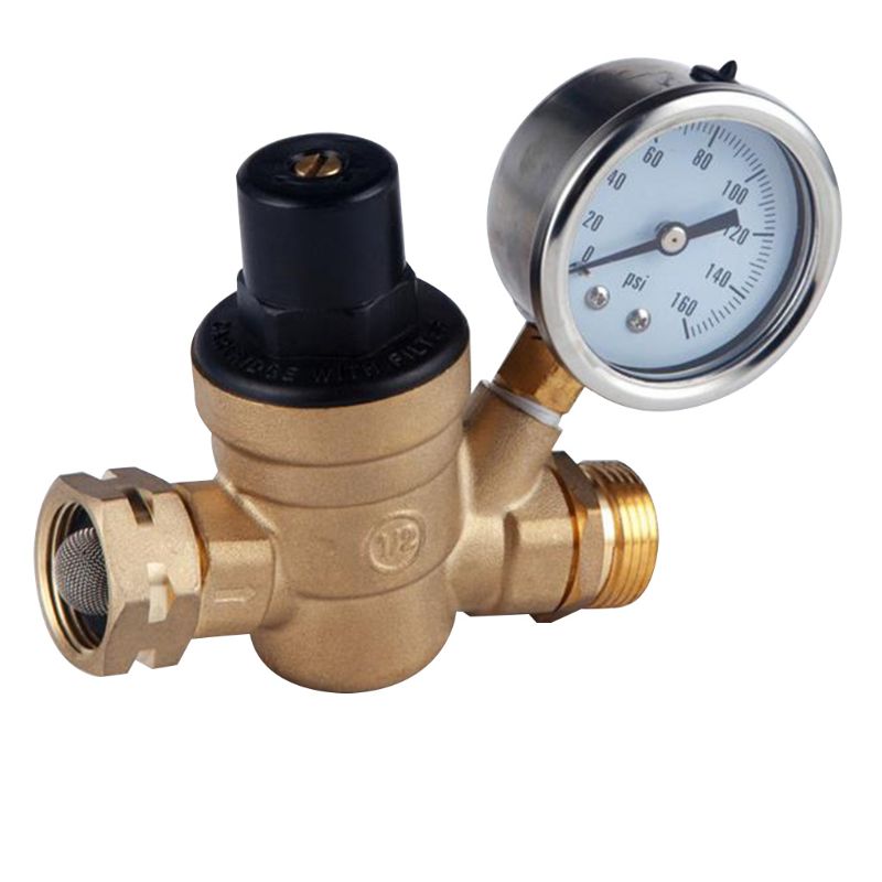 Brass Water Pressure Regulator 3/4 Lead-Free with Gauge Adjustable Water Pressure Regulator,Build-in Oil (NH Threads)