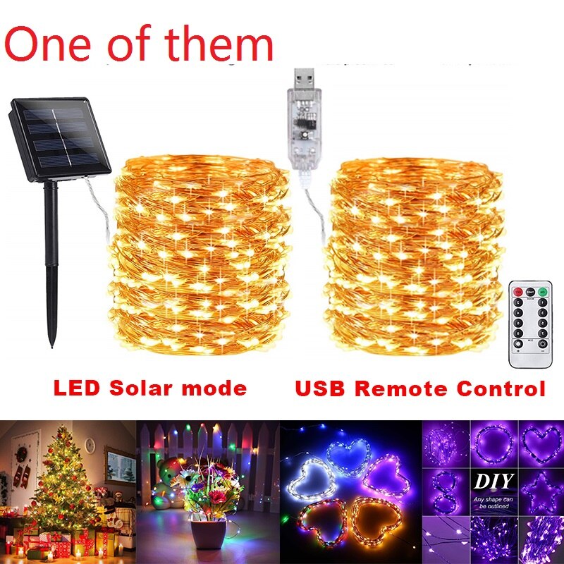 100/200 Led Solar Light Outdoor Waterdichte Solar String Lights Fairy Lamp 8 Modi Christmas Party Decor Tuin Licht: Warm light / 10m100led USB remote