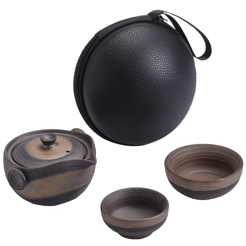 Ceramic Handmade Tea Set Including 1 Pot + 2 Cups Retro Teapot Pottery Office Teacup Travel Portable Kung Fu Kettle