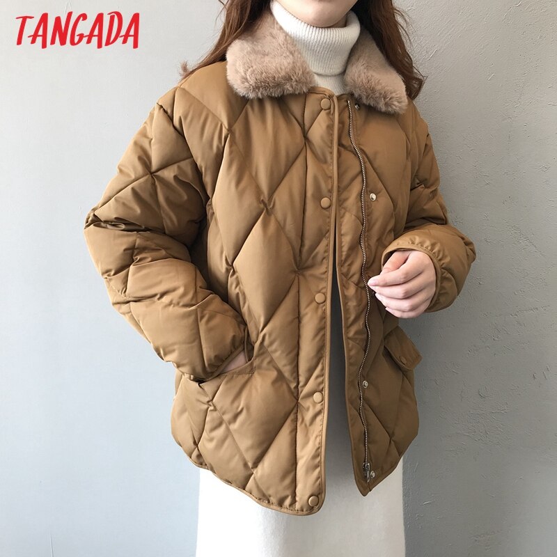 Tangada kvinnor solid lös pälskrage parkas tjock midja justera vinter långärmad dragkedja fickor kvinnlig överrock asf 74