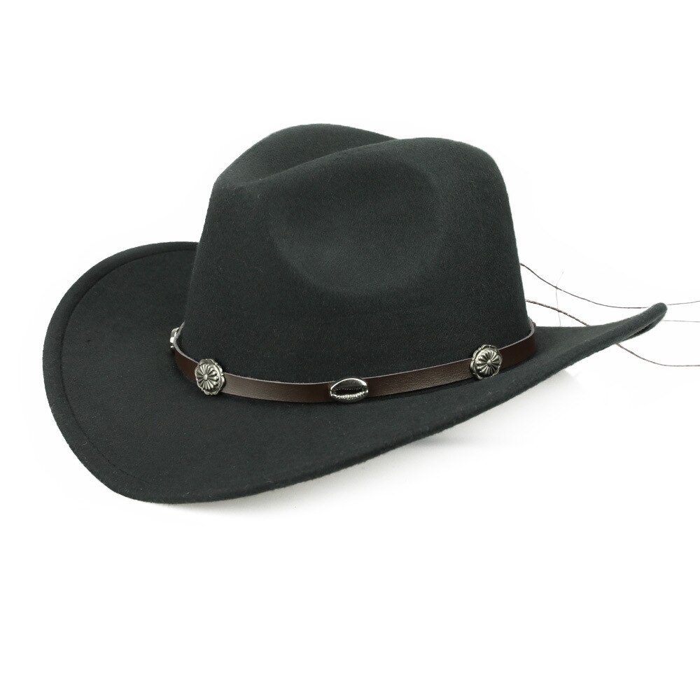 Uldfilt kvinder mænd vestlig cowboyhue med brede rand punk læder bælte jazz cap størrelse 57-58cm b88: 4