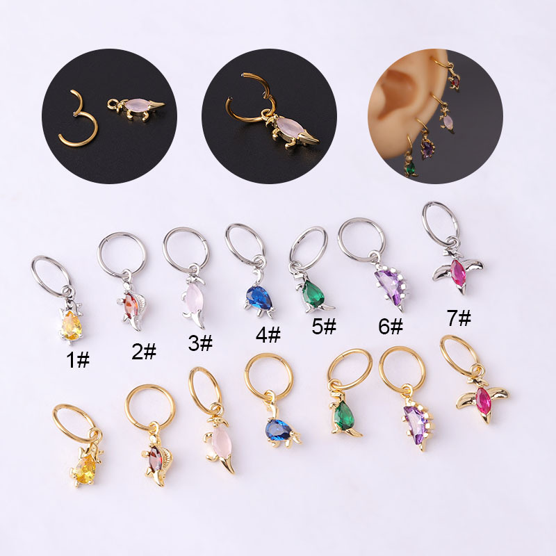 1Pc Kleurrijke Zirkoon Dinosaurus Dangle Oorbellen Voor Vrouwen Mode-sieraden Rvs Ronde Kraakbeen Piercing Oorbel
