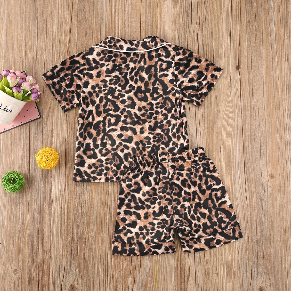 Little Kids 2 Stuks Pyjama Set Leopard Patroon Korte/Lange Mouwen Button-Down Kraag Top Korte/Lange elastische Band Broek Sleepwears