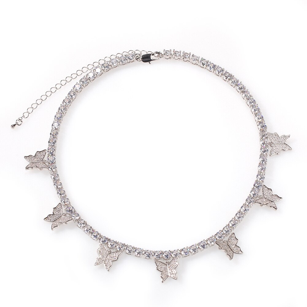 sterben BLING KÖNIG Frauen 5mm CZ Tennis Kette 1 Reihe 7 Stck Schmetterling Rosa & Silber Farbe Luxus Verlängerung kette Schmuck: Silber- Farbe