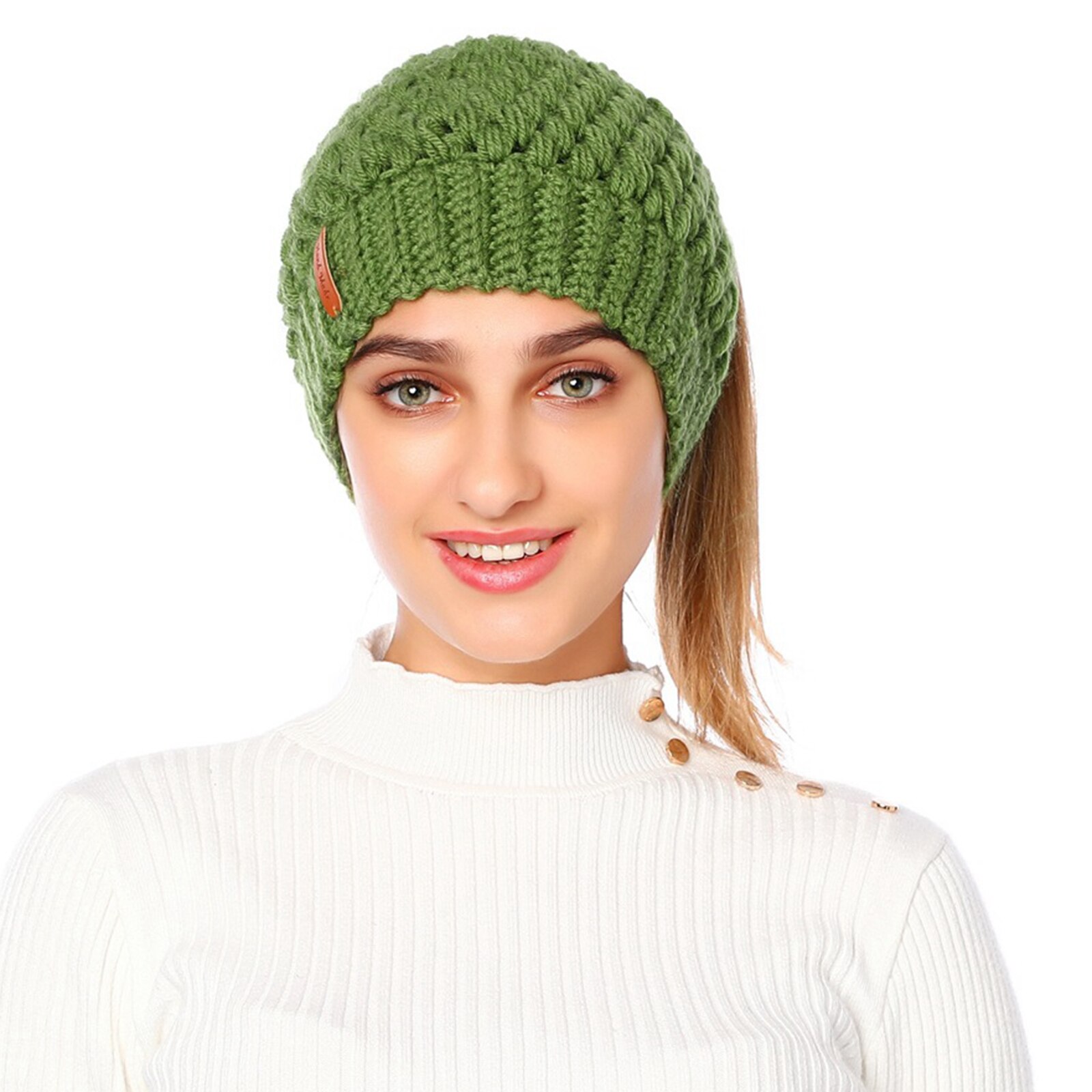 Beanie Hat Tail Stretch Cable Knit Messy High Bun Ponytail Beanie Hats Earmuff