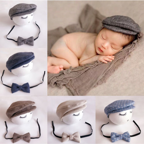 Newborn Baby Peaked Beanie Cap Hat + Bow Tie Photo Photography Prop Outfit Set Little Gentle Man