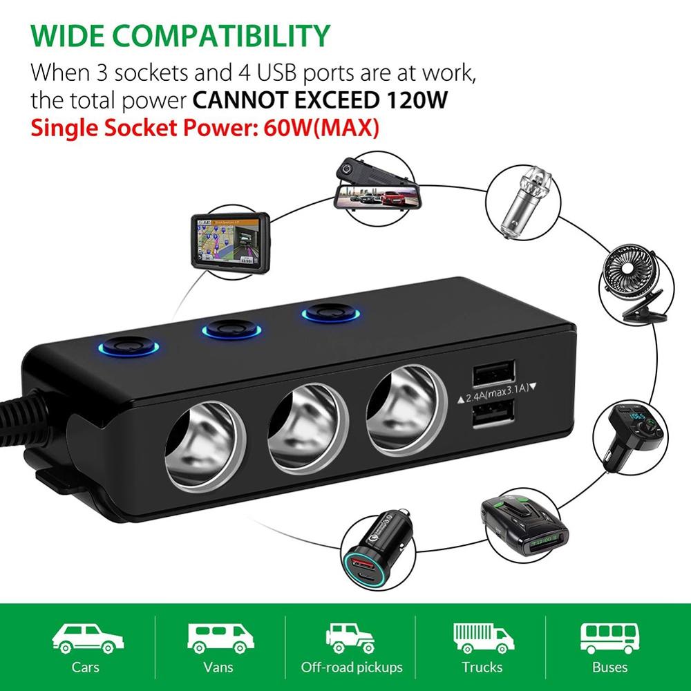 Twee Manier Quick Charge 3.0 Auto Sigarettenaansteker Adapter Splitter 3-Socket 12V/24V Auto Charger 4 Usb-poorten