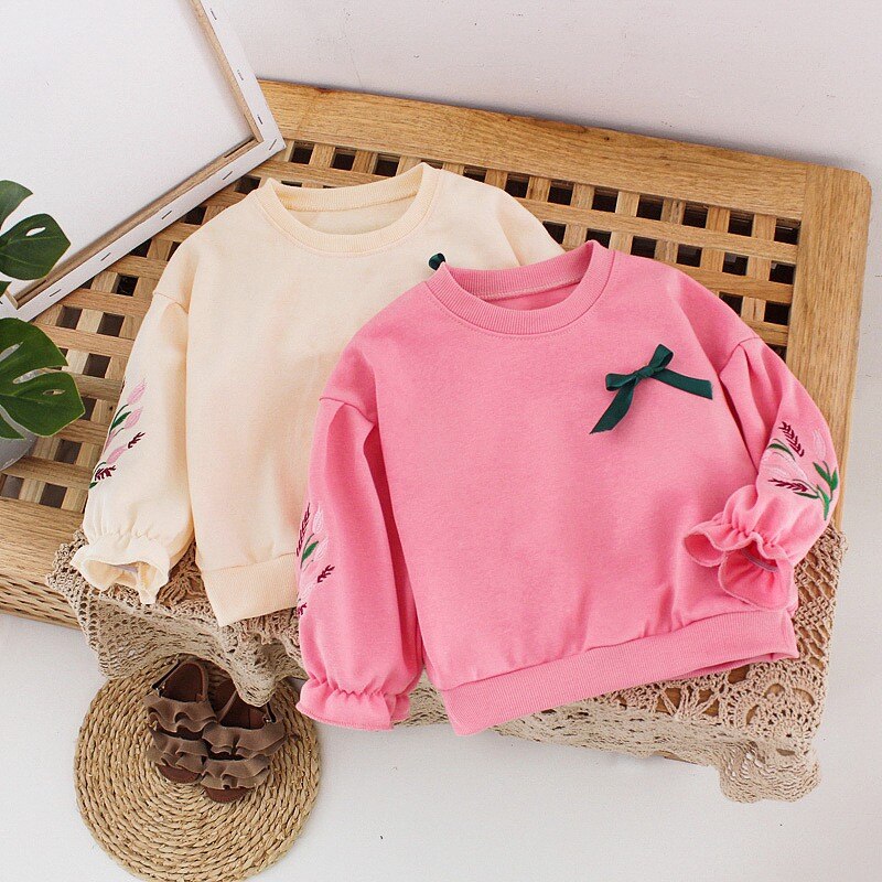 Spring Girls T-shirt Baby Infants Kids Clothes Princess Bow Embroidery Long Sleeve Pullover Basic T-shirts Tee Tops S10451