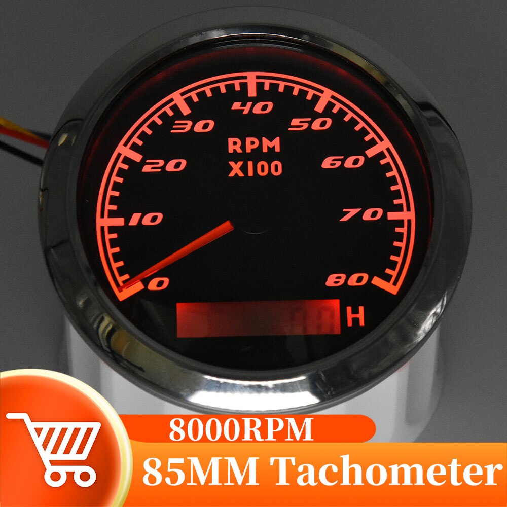 8k 85MM Tachometer Gauge Red Backlight With Hour Universal Waterproof Tacho Meter Tachometer Sensor For Marine Car 9-32V