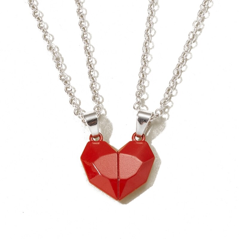 2Pcs Minimalist Lovers Matching Friendship Heart Pendant Couple Magnetic Distance Faceted Heart Pendant Necklace Jewelry: E