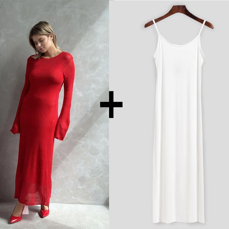 Forår efterår o-hals elastisk strik lange kjoler kvinder chic blød dame udhulende sweaterkjoler femme: Rød