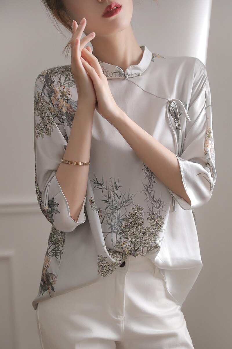 2022 chinesische stil cheongsam bluse die Seide Satin- qipao oben Seetang-anzug oben stehkragen elegante traditionelle hanfu bluse: XXL