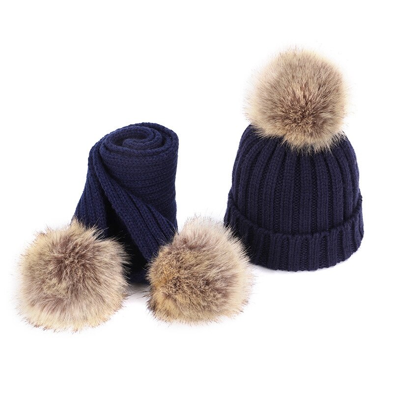 Kinderen Enkele Haar Bal Wollen Muts En Sjaal Set Unisex Verdikte: Navy Blue