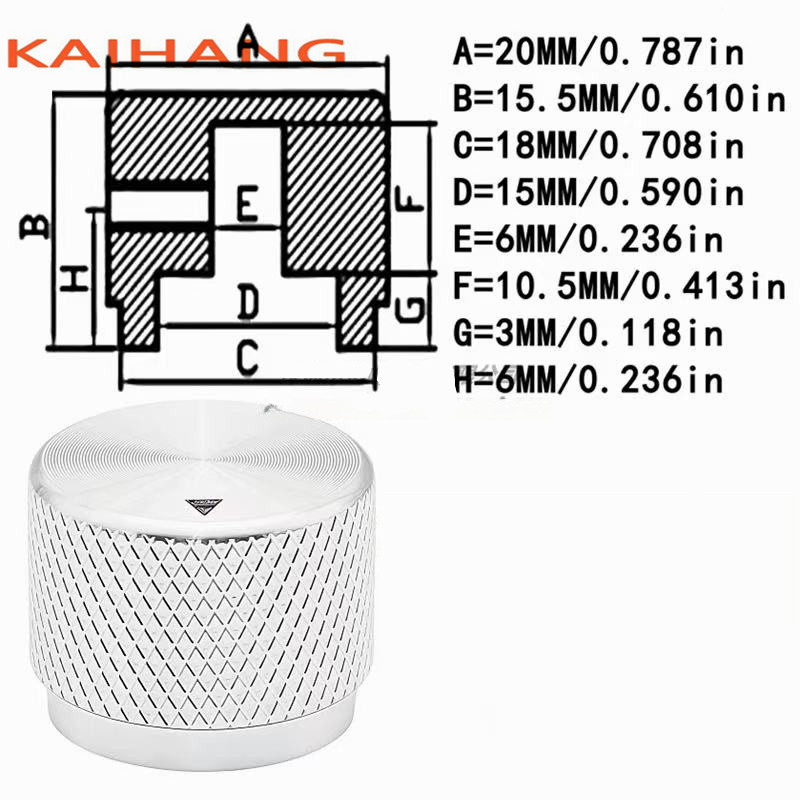 1PCS 20*15.5MM Alle aluminium Gekartelde knop cap Potentiometer Knop Panel bediening knop cap ronde gat 6mm: Zilver