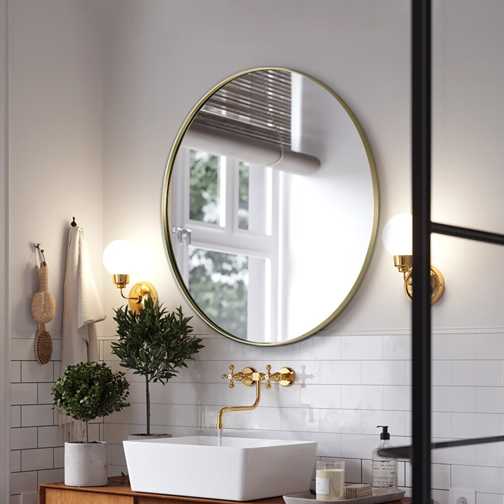 Brushed Metal Gold Wall Mirror | Glass Panel Gold Framed Rounded Circle Deep Set (12.3" Round)