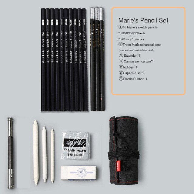 Sketch pencil set charcoal full set of student entry tools painting beginner drawing art supplies: Strap 13pencils