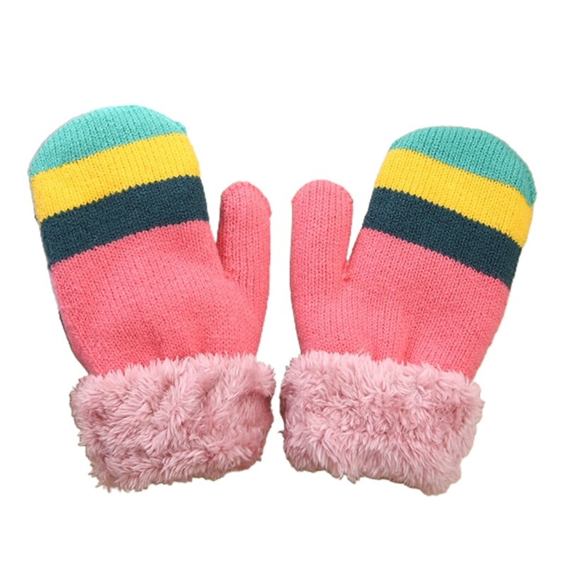 Enfant en bas âge enfants hiver peluche doublé doigt complet mitaines arc-en-ciel rayé tricoté thermique temps froid mitaines chauffe-mains: Rose