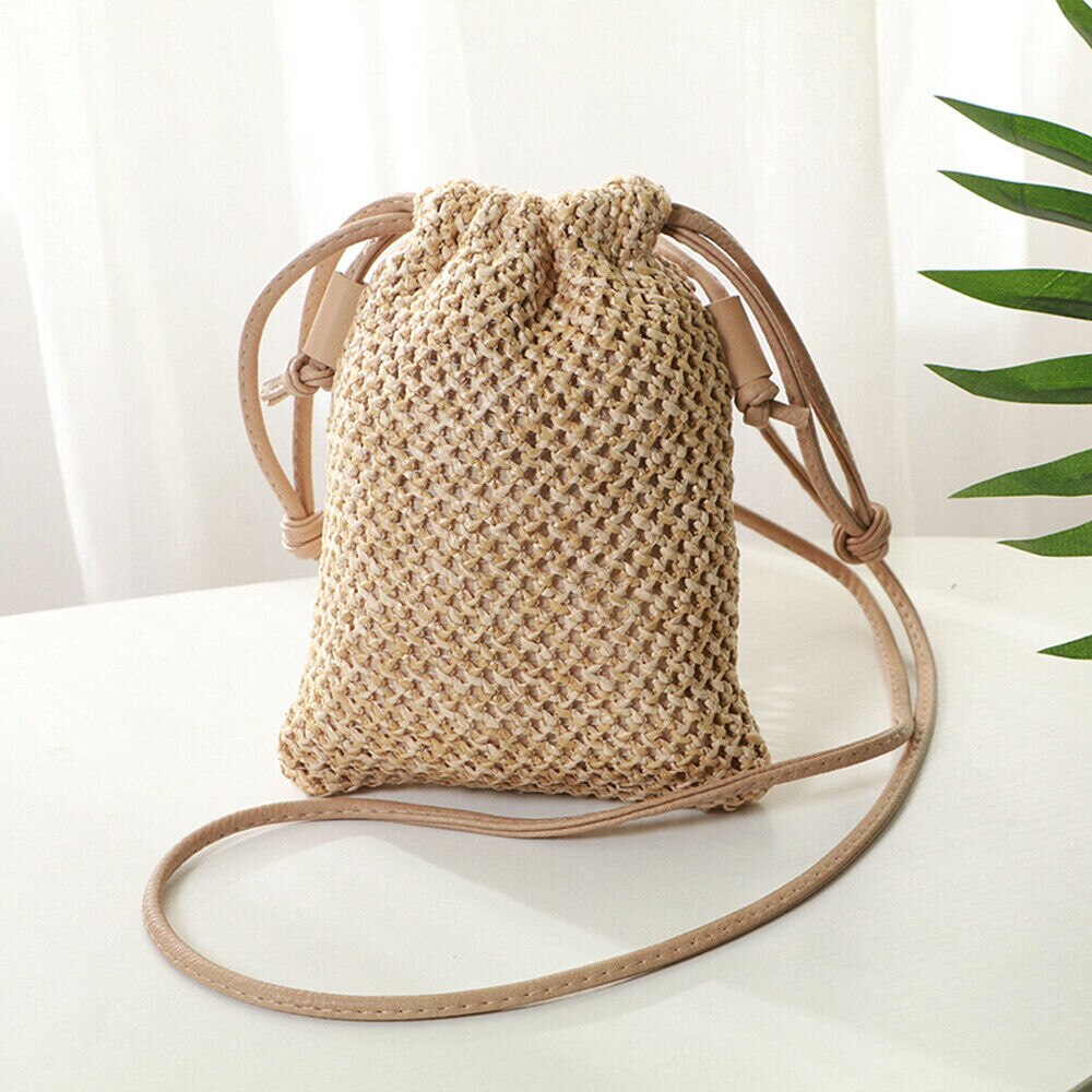 Women Girl Rattan Wicker Handbag Beach Crossbody Drawstring Bags Casual Bohemian Straw Woven Bag: Khaki