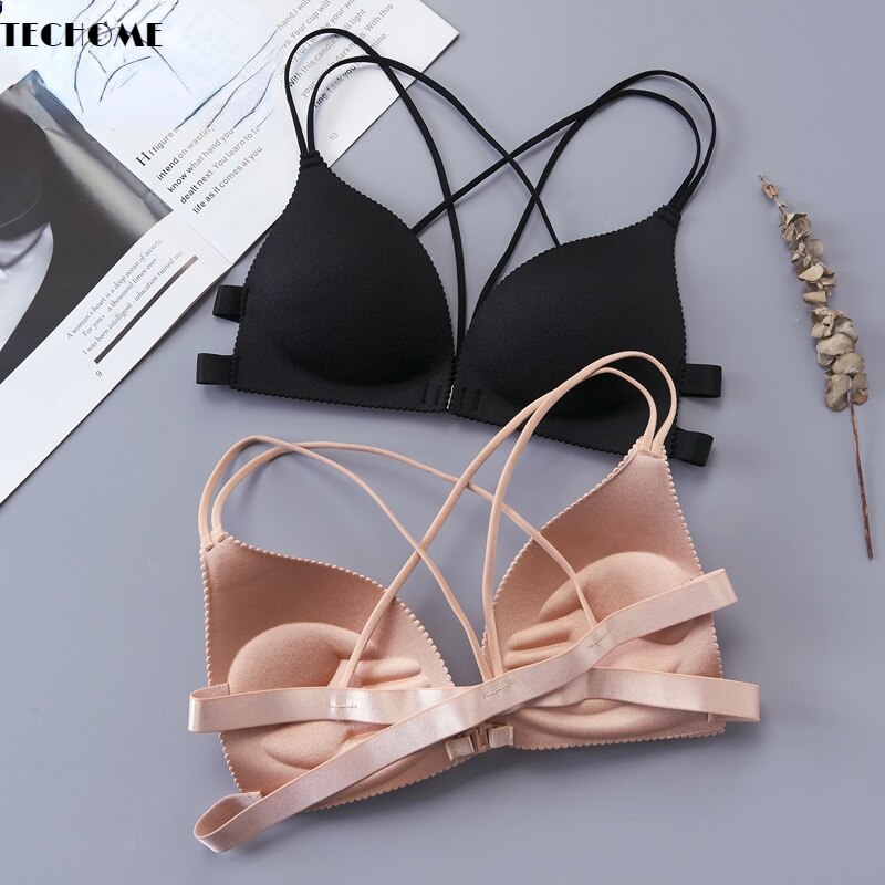 3D Seamless Front Buckle Bra Beautiful Back Sexy Cross Strap Wrapped Chest No Steel Ring Gathered French Girls Triangle Bra