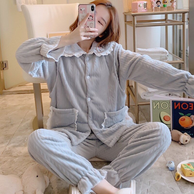 Winter Thicken Warm Flanel Moederschap Verpleging Pyjama Suits Voeden Nachtkleding Kleding Voor Zwangere Vrouwen Zwangerschap Slaap Lounge: Grijs / 3XL