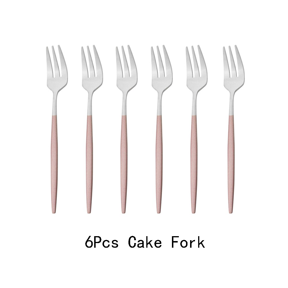 6Pcs Coloful Fork Set Tea Cake Snack Forks Dinnerware Cutlery Matte Stainless Steel Tableware Dessert Fruit Fork Silverware Set: Pink Silver