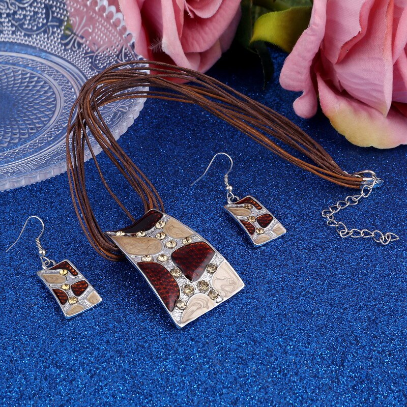 MINHIN nuovo Set di collana a catena in pelle con gemma smaltata per Set di gioielli da sposa per feste Set di gioielli estivi da donna