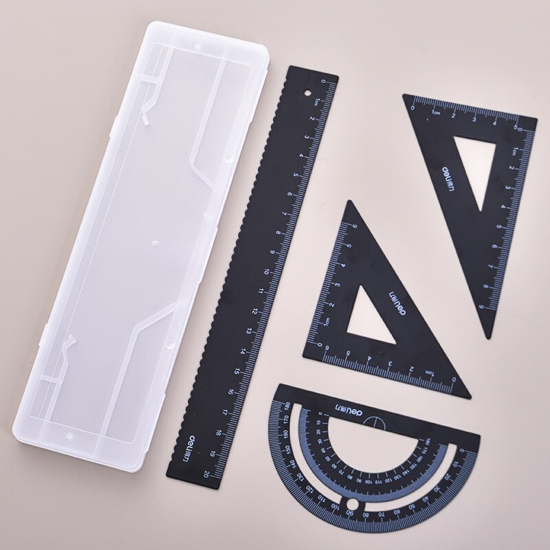 DELI Metal Ruler 20cm Set Stationery for Students Straightedge Triangle Ruler with Wave Line Protractor, Compass Triangle Plate: 20cm black